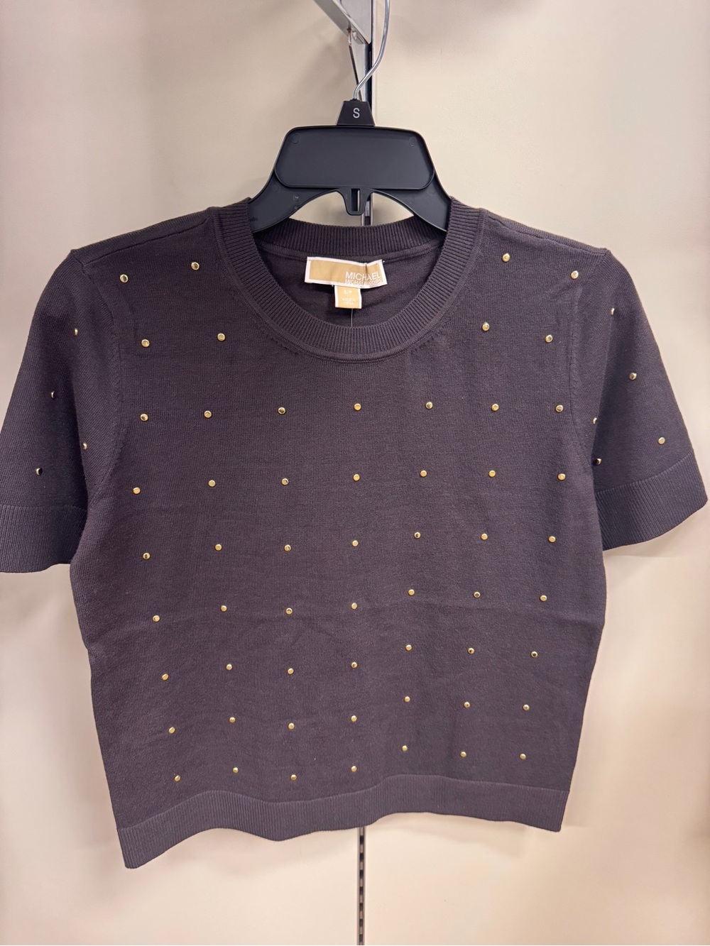 MICHAEL Michael Kors brown Short Sleeve Knit Top with Gold Studs